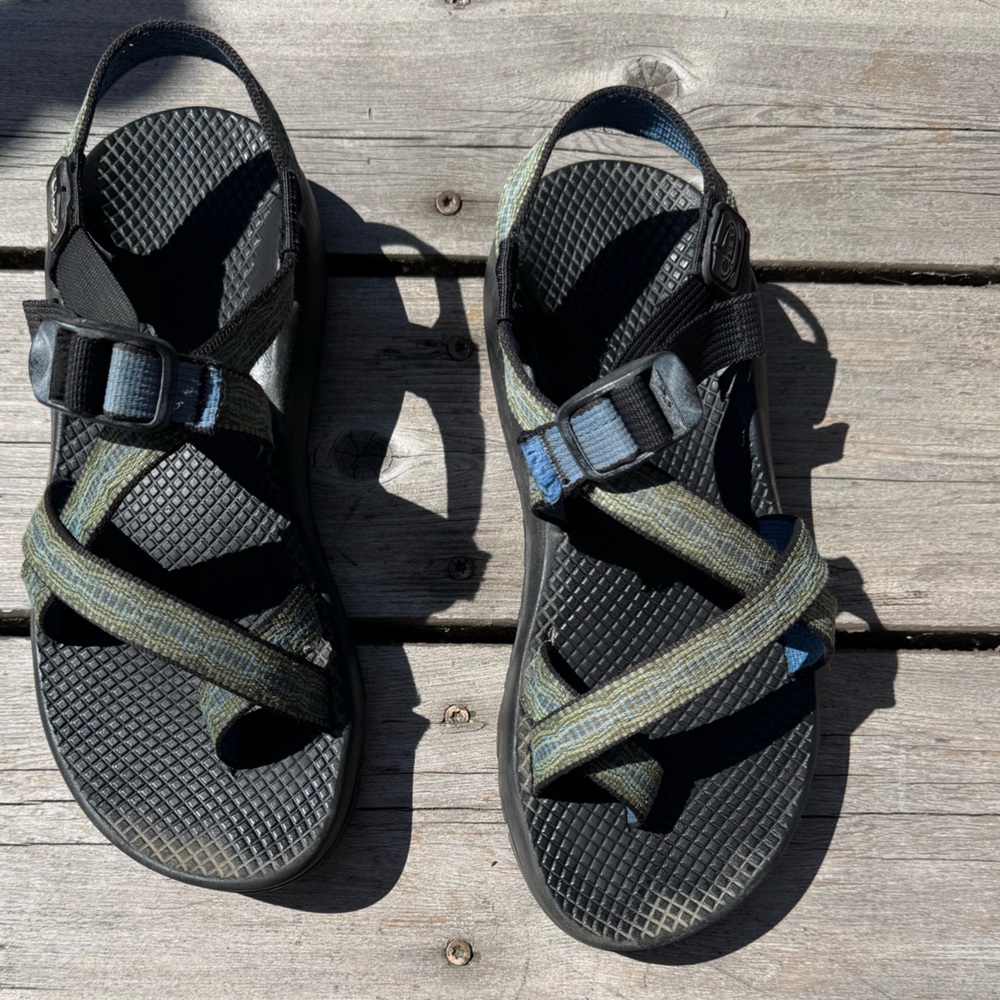 Chaco sandals, blue and green, with toe loop, women’s size 9